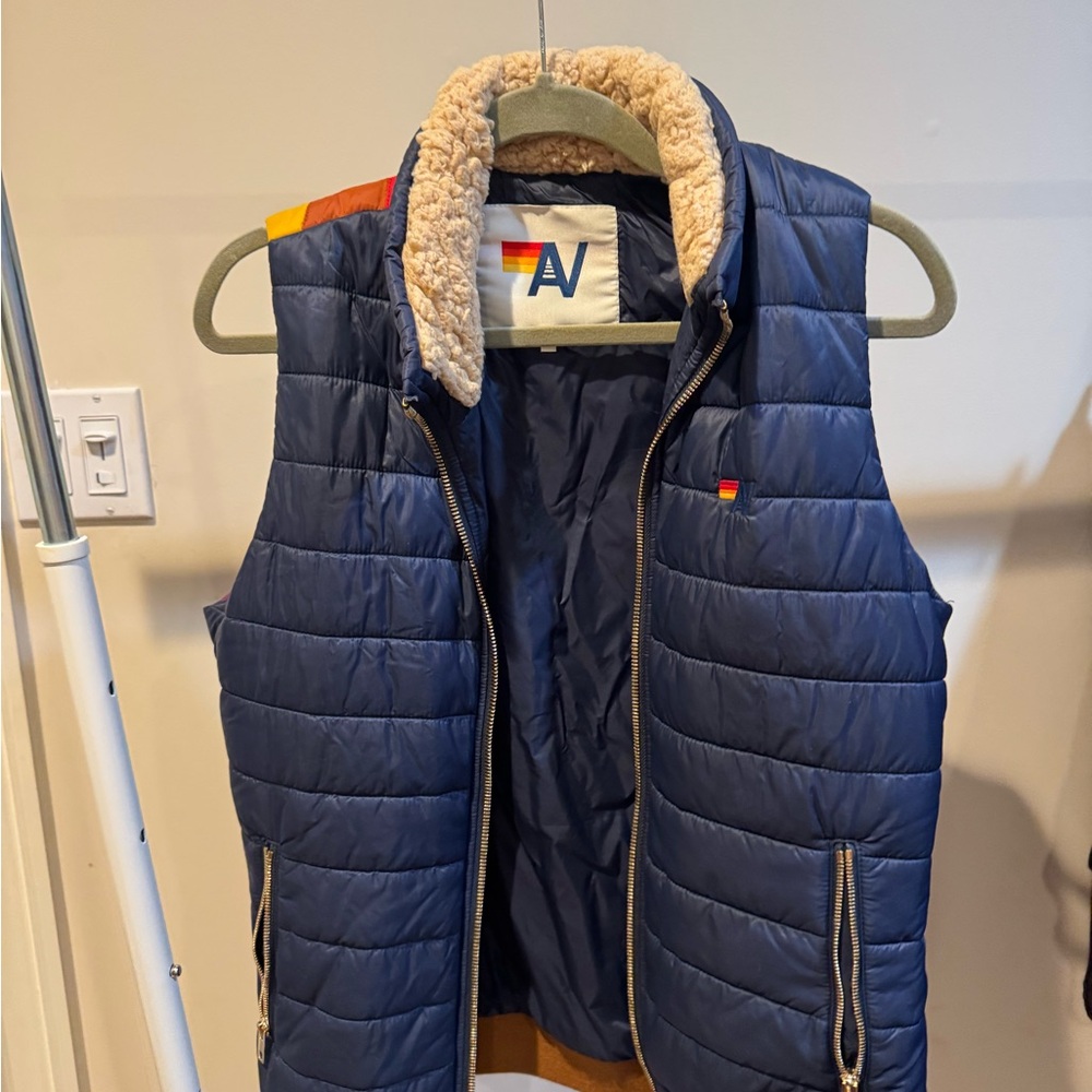 Blue Puffer Vest with Sherpa Collar